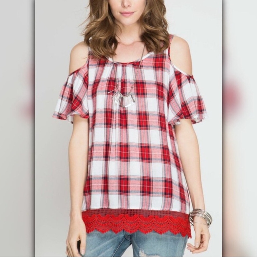 NWT Lively Lumina Crisscross Back Red Plaid Top Size Small